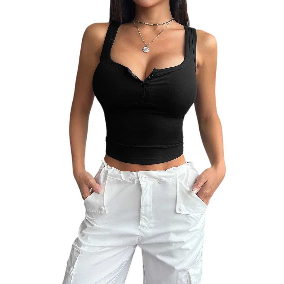 YJKDYK 2025 Summer Womens Camisole Solid Color U-collar Ladys Sveless Tops Slim Fit Button Fe T-shirt Women Summer TopXJ250212