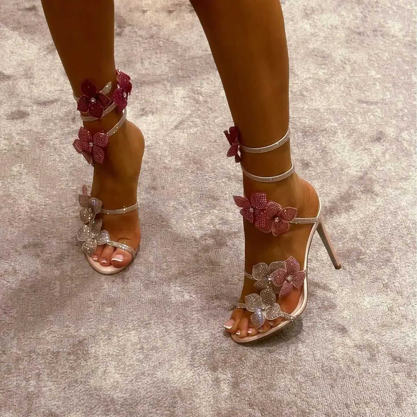 CHMURY Pink Flower Rhinestone High Heels Sandals Shoes Sexy Rose Red Designer with Wrap Strap for Women Prom Party 250506