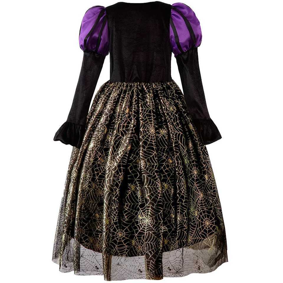 Halloween Carnival Par Dress for Girls Cosplay Witch Purple Puffy Long Sleeve Gold Spider Web Print Dress Accessories SuitXJ250117