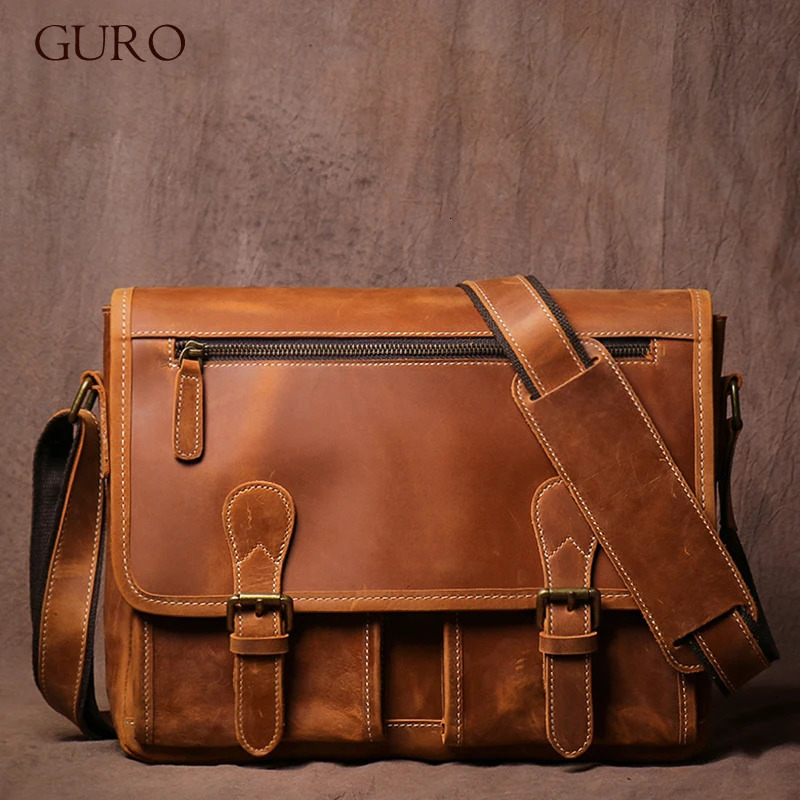 GURO Vintage Crazy Horse Leather Messenger Bag Mens Genuine Sling Shoulder Bag Office Briefcase Crossbody 12.9 Inch Ipad 250207