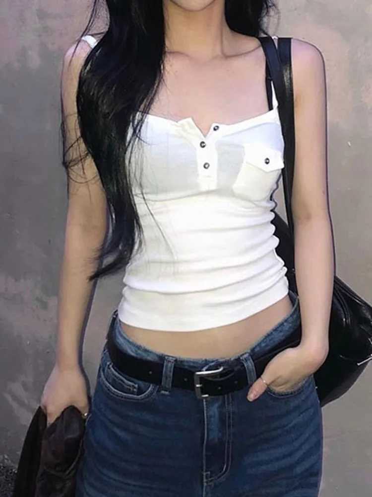Casual Solid Pockets Camis Top Sexy Slim Slash Neck Sveless Tank Toops Women 2025 Summer Fashion Streetwear LadiesXJ250212