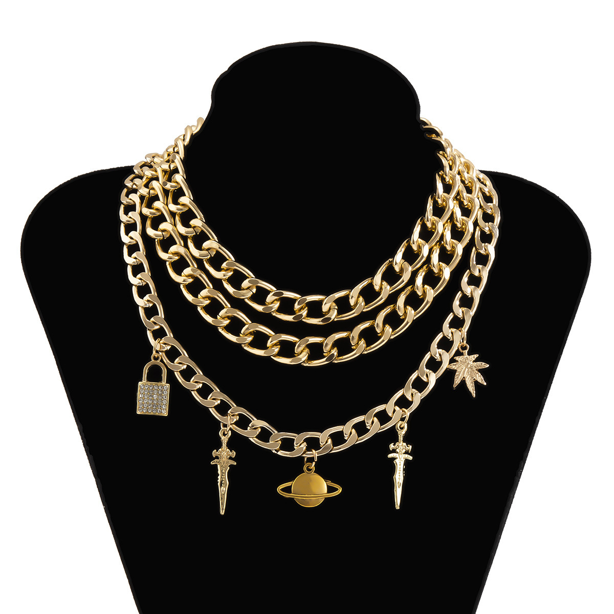 New fashion necklace lock alloy multi-layer set exaggerated street style designer sword pendant accessories for women