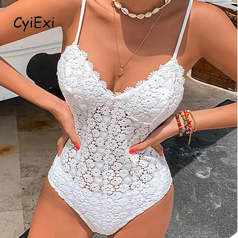 CyiExi Plus Size Sexy Crochet One-piece Swimsuit V-neck Lace Hollow Out Woman Bathing Suit Beach Swimwear Push Up Monokini S-XXL 250210