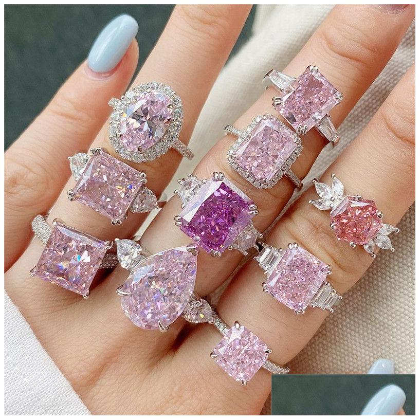 Rings Pink Designer Diamond Ring For Woman Wed Promise 925 Sterling Silver 8A Zirconia Sqaure Heart Love Engagement Womens Luxury Jew Otyky