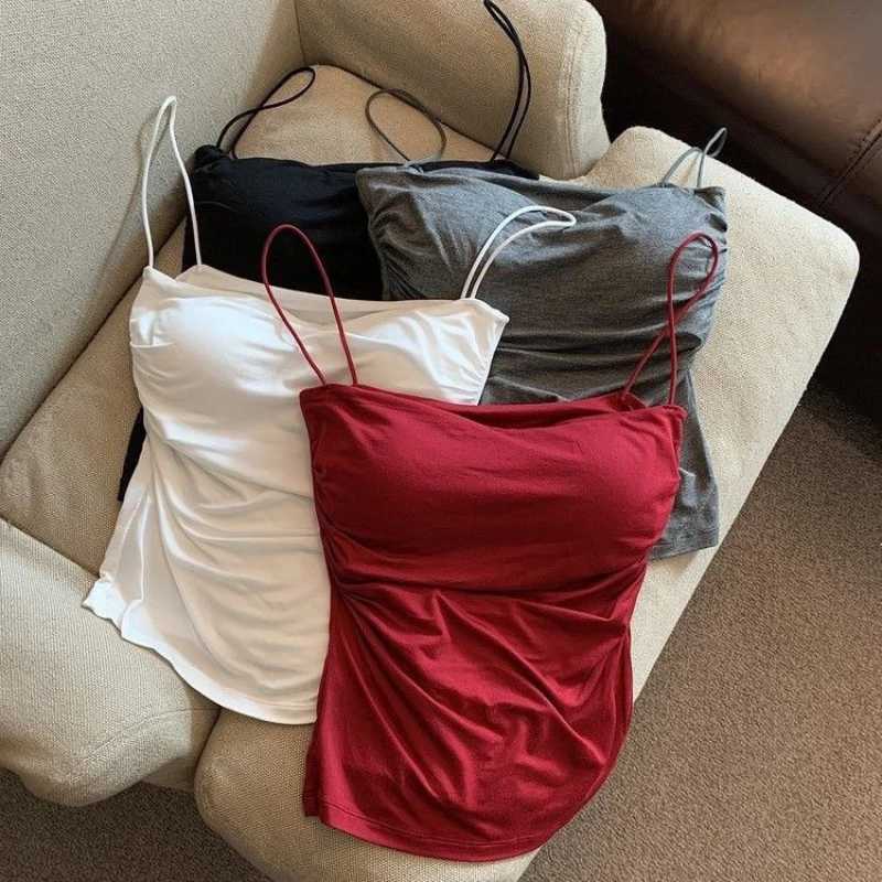 Womens Sveless Pleated Slim Fit Vest Sexy Hot Girl Short Top With Thin Shoulder Straps Solid Color Simple Fashion VestXJ250212