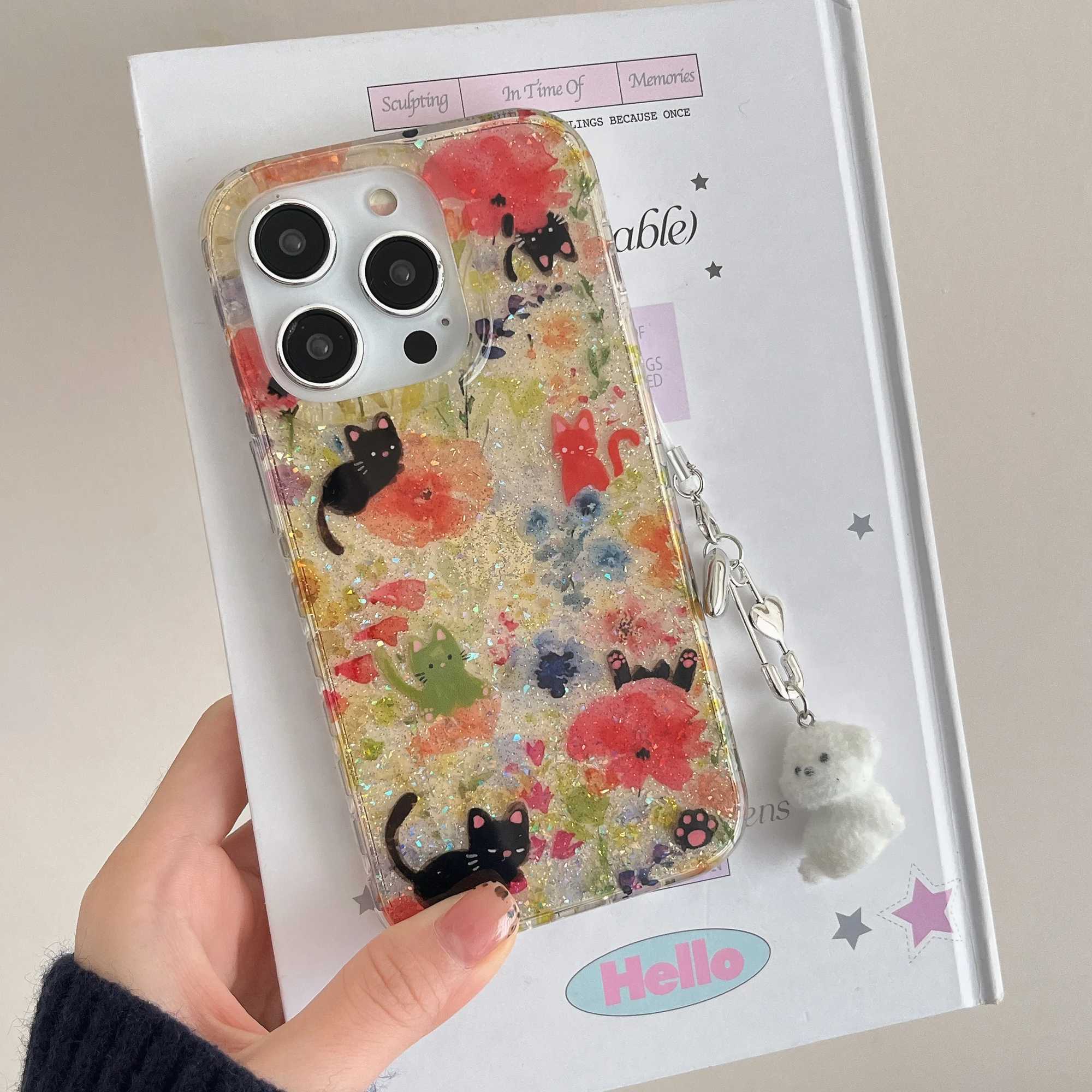 Fl Sn Sequin Flowers Cute Cartoon Black Cat White Bear Pendant Phone Case for iPhone 16 15 14 13 Pro Max Back Cover Funda Z250211