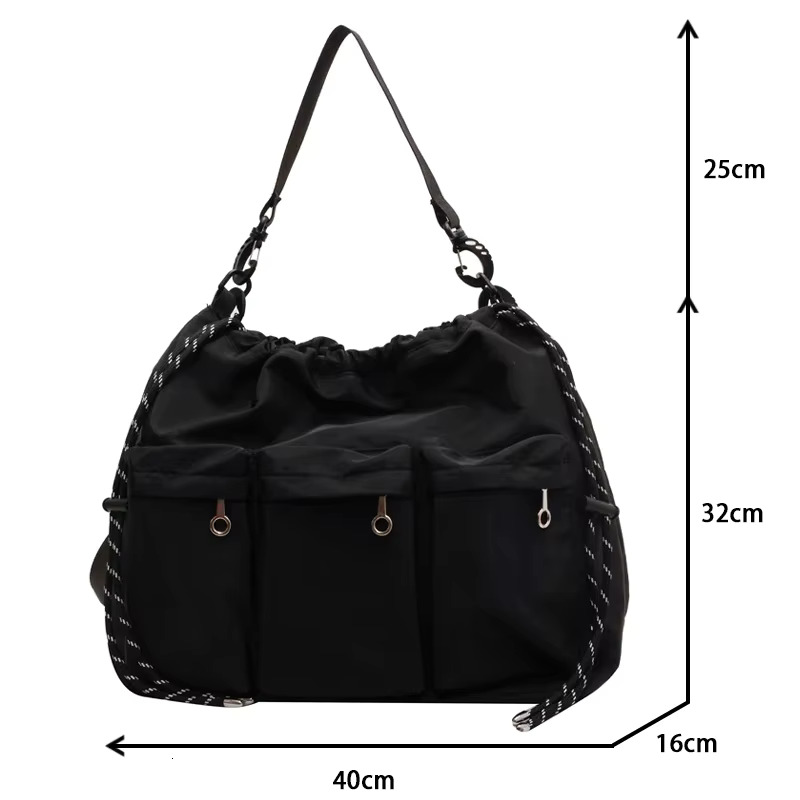 Large Black Nylon Unisex Crossbody Bag Multi-Pocket Totes String Design Travel Shoulder Bags For Women Fashion Handbags Purses