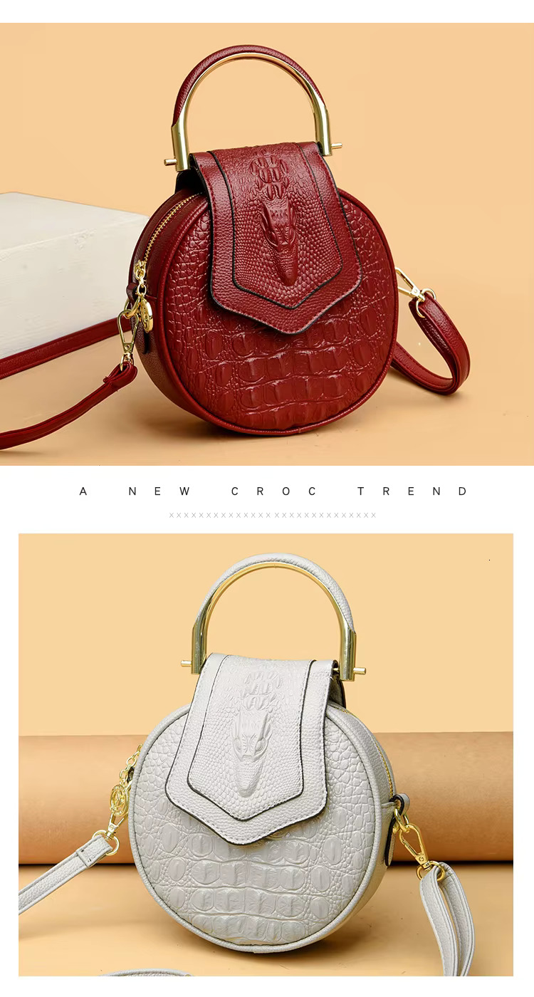 High Quality Brand Crocodile Pattern Circular Women's Soft Leather Fashion Small Handbag Shoulder Bag
