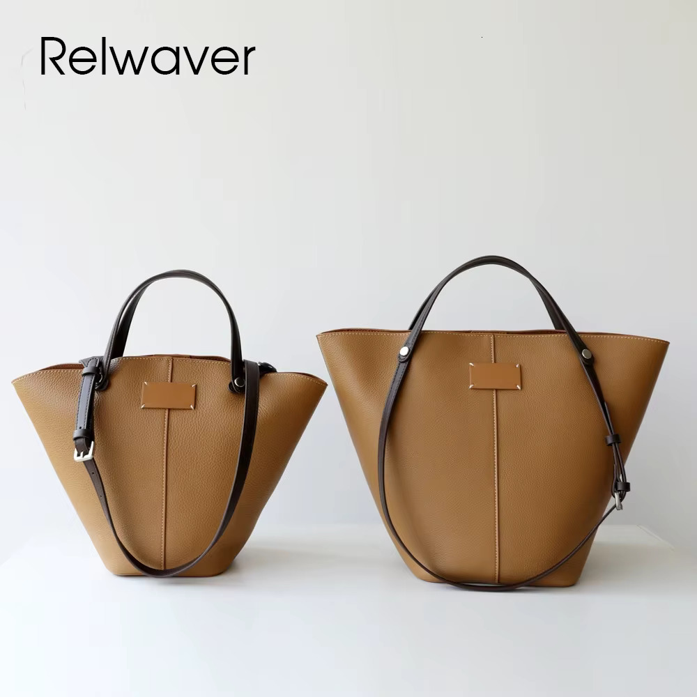 Relwaver Bucket Second Layer Cowhide Hand 2025 Spring Summer White Shoulder Chic Daily Women Bag