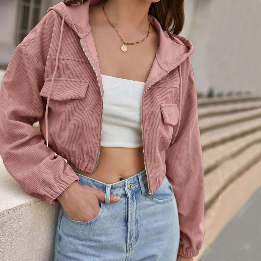 Womens Jacket Spring Autumn Female Solid Color Zipper Sweat Jacket Ladys Pocket Casual Cropped Sport Coats Womens Outwears 250212