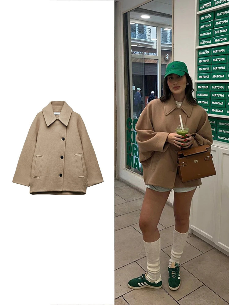 TRAF Womens Casual Vintage Khaki Coat Bat Sleeve Lapel Warm Tweed Autumn and Winter Fashion Loose Single Breasted 250109