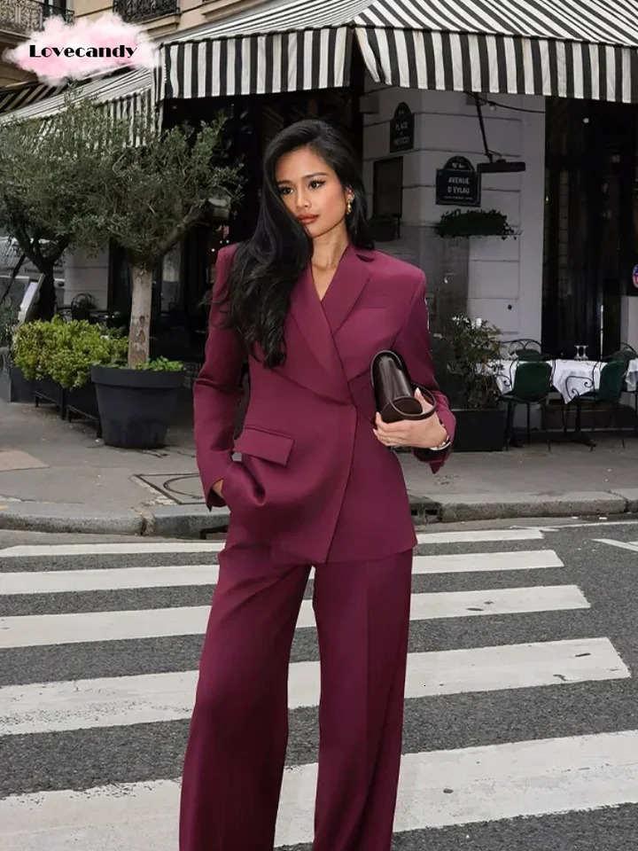 Fashion Women Wine Red Lapel Suits Jacket Long Pants Casual Loose 2 Pieces Sets Spring Chic Lady Office Commute Streetwear 250207