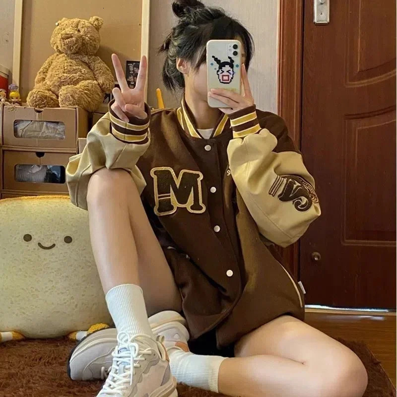Vintage Streetwear Baseball Jacket Women Y2k Oversized Varsity Jackets Korean Fashion Bomber Coats College Couple Aesthetic 250212
