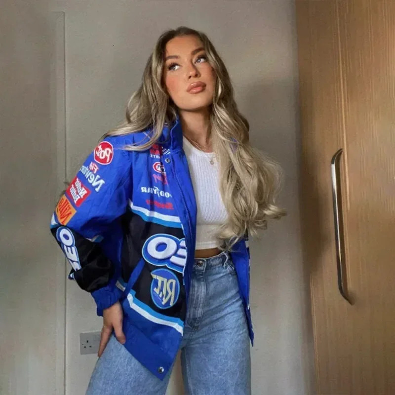 Zekye-Motorcycle Jacket for Women Long Sleeve Racing Baseball Jacket Varsity Blue Printed Casual Loose Coat Spring 250212