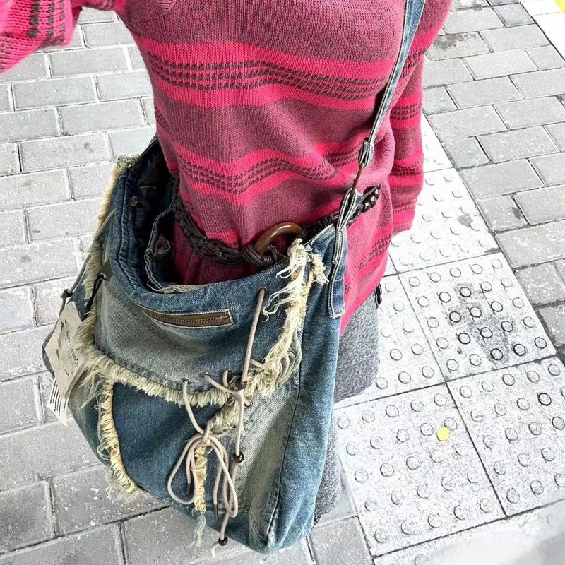 Japan Style Messenger Bags For Women Handbags And Purse In Denim Wooden Beads Stitching Tassel Shoulder 250207