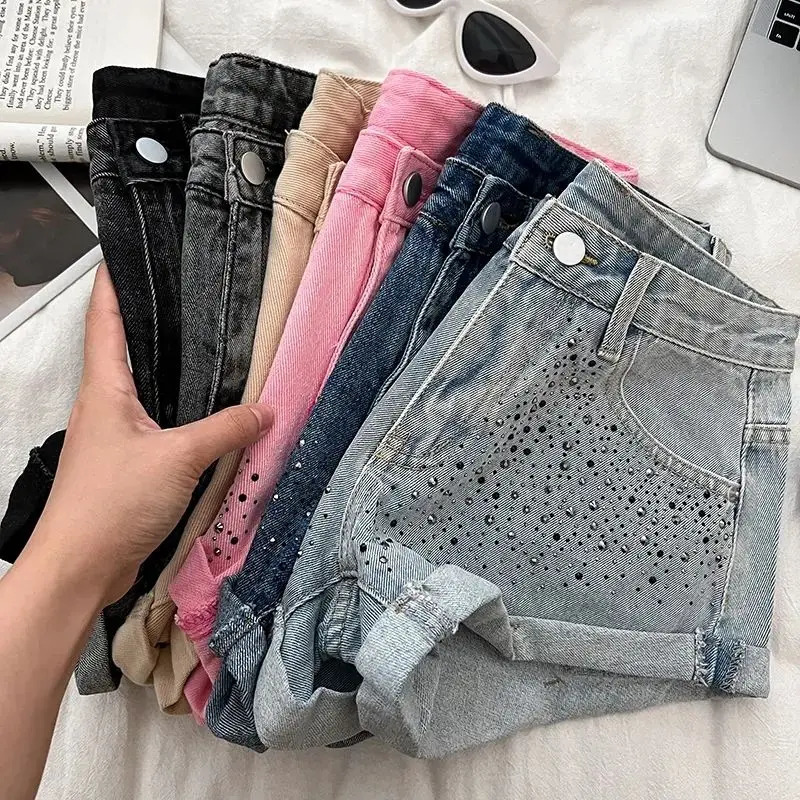 25 Retro Womens Shorts n Diamond High Waist Slim Denim Shorts Curled Wide Leg Pants for Women Ropa De Mujer 250212