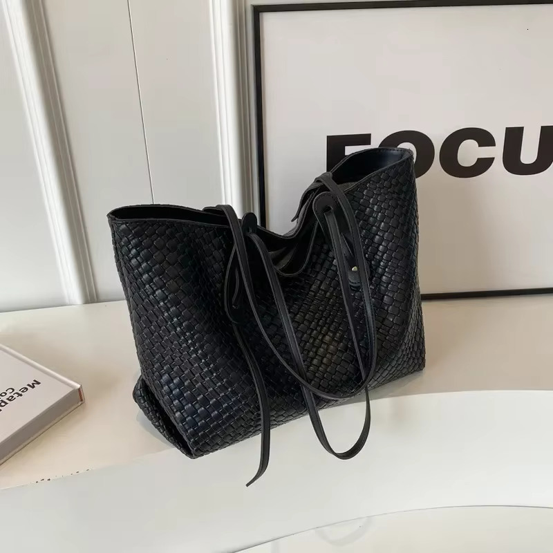PU leather handbag Large capacity woven tote bag for women's casual designer shoulder bag, high-quality