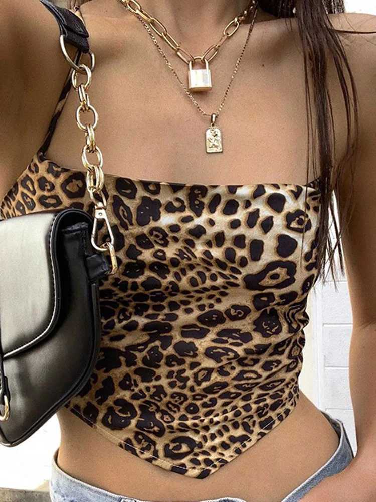 Leopard Pattern Women Tank Tops Backless Sexy Rave Outfits Sveless Cross Lace Up Bralette Crop Top Summer StreetwearXJ250212
