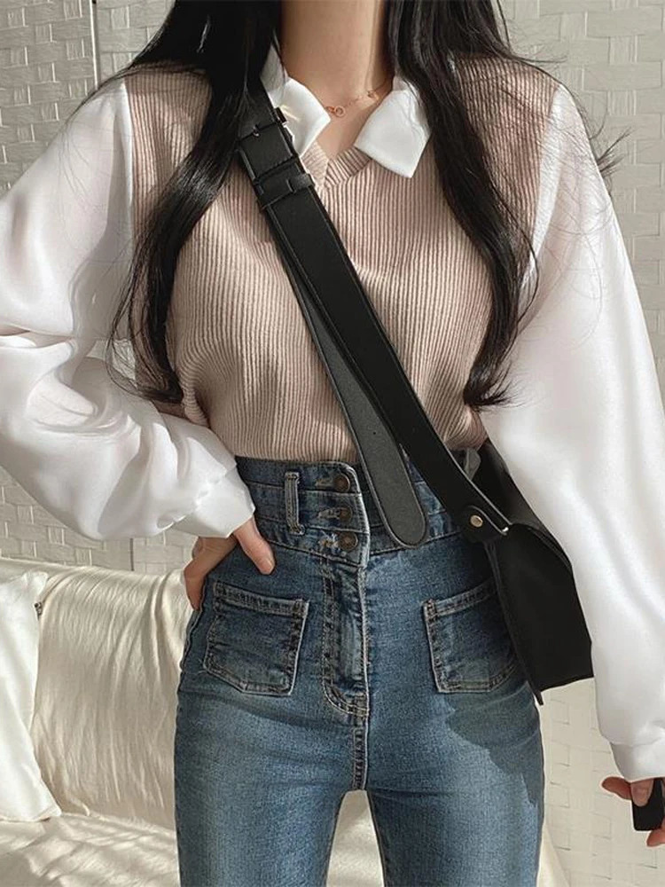 Women Two Pieces Long Sleeve Turn Down Collar Patchwork Thread Tshirts Autumn Spring Loose Korean Tee Tops CDPFWYP6890 250114Z