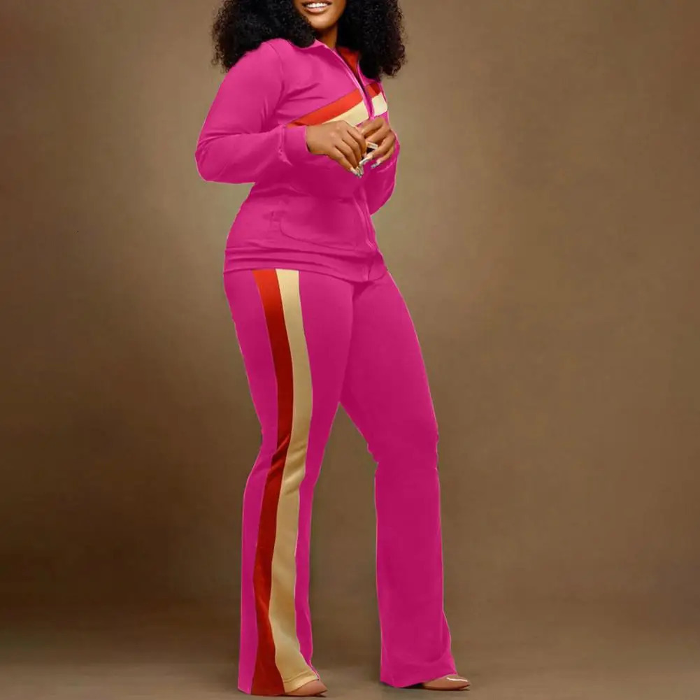 Casual Twopiece Set Women Sports Suit Stylish Womens Striped Coat Pants Lapel Jacket Elastic Waist Soft Warm Fall 250211Z