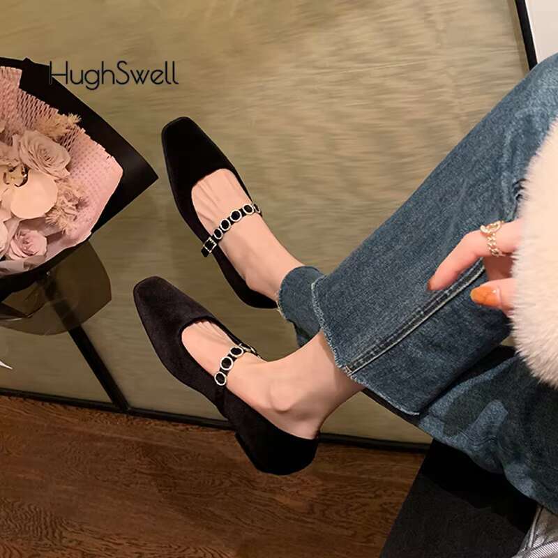 Rhie Buckle Veet Mary Janes Woman Elegant Square Toe Velour Ballet Flat Ladies Brand Design Crystal Evening Shoes