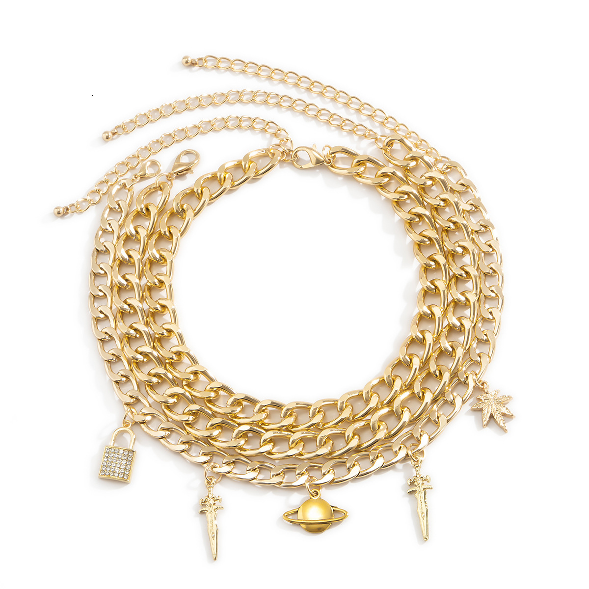 New fashion necklace lock alloy multi-layer set exaggerated street style designer sword pendant accessories for women