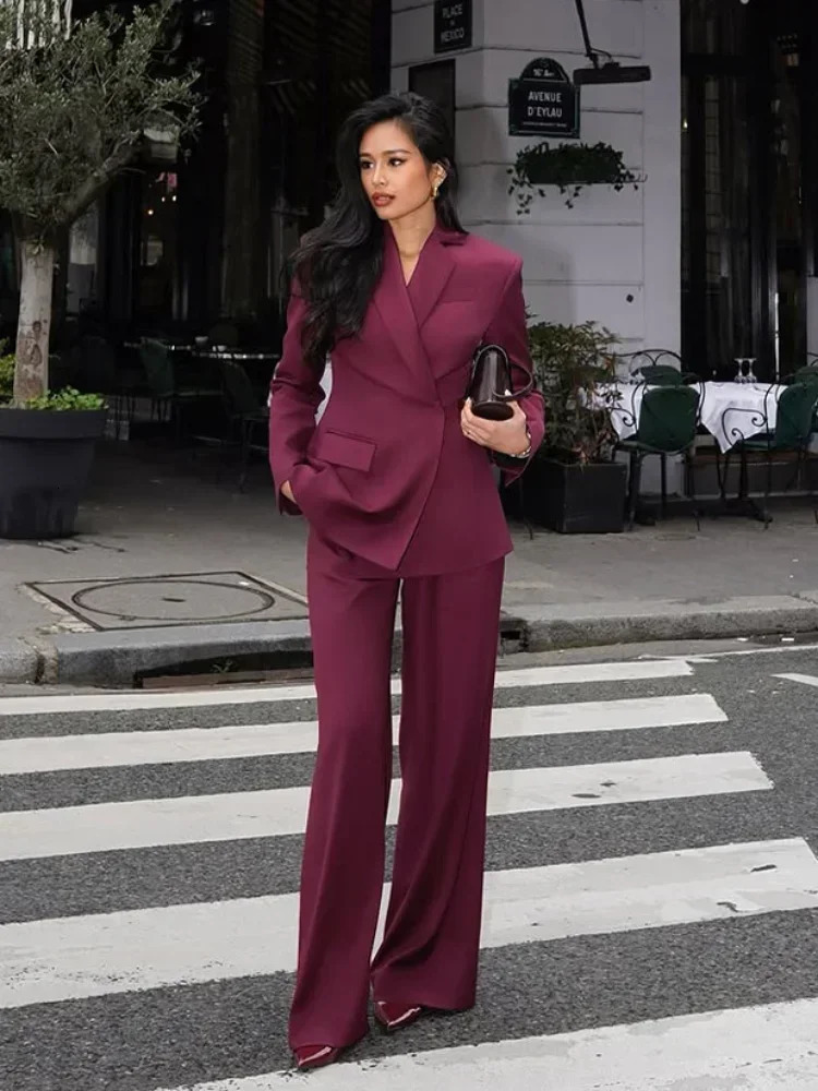 Fashion Women Wine Red Lapel Suits Jacket Long Pants Casual Loose 2 Pieces Sets Spring Chic Lady Office Commute Streetwear 250207