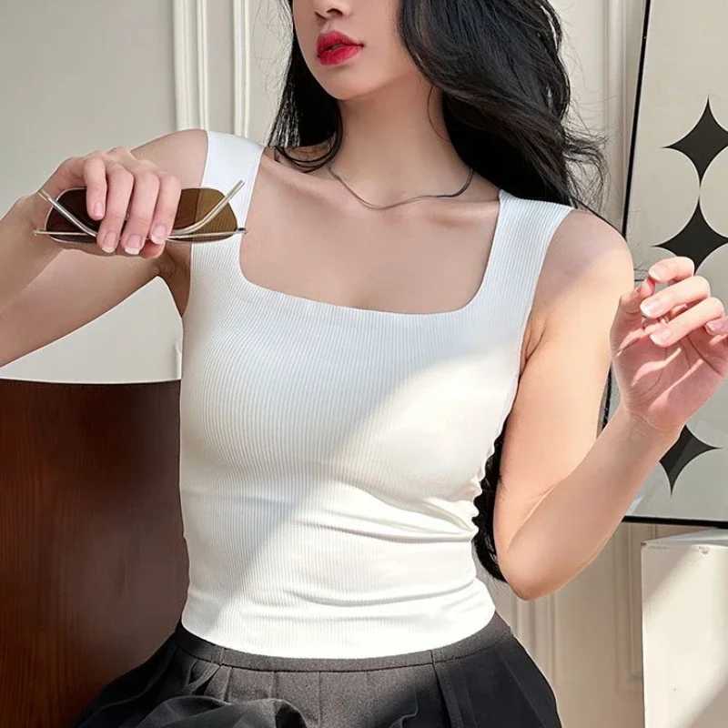 Nude Wide Shoulder Camisole Square Neck Beautiful Back Threaded Vest Womens Seamless One-piece Fixed Cup Casual Solid TopsXJ250212