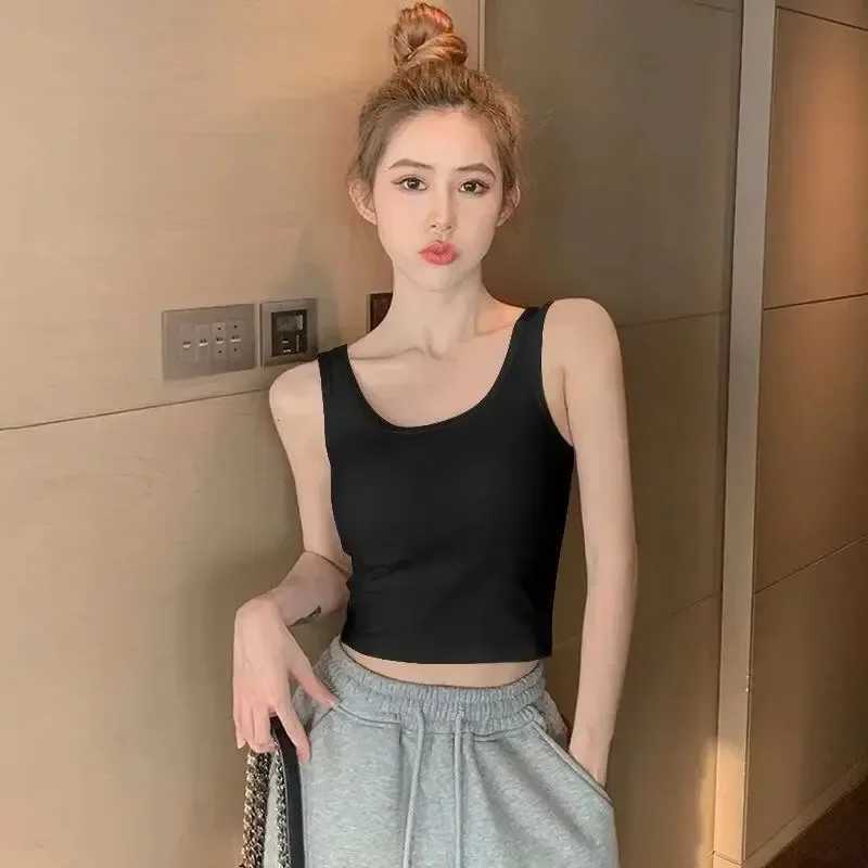 2024 Fashion Women Solid Color Suspender Camisole Tank Top for Womens Short Yoga Sports Crop Top Sveless Sexy Slim Fit TopsXJ250212