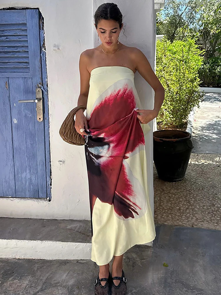 JULISSA MO Sexy Strapless Print Floral Belt Women Maxi Dress Yellow Backless Vacation Dress Autumn Loose Elegant Party Beachwear 250211