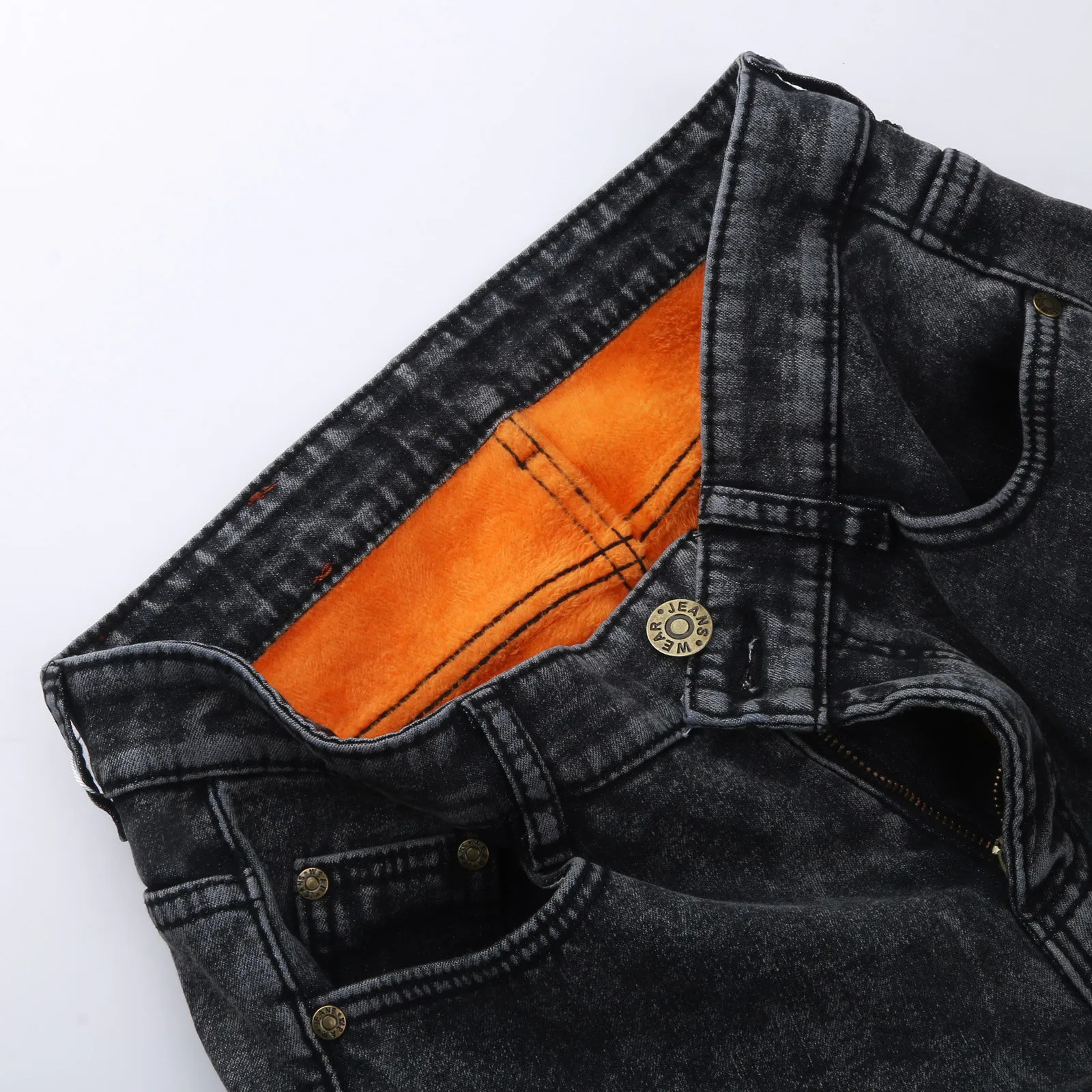 Mens Jeans Slim Stretch Work Outdoors Blue Trouser Straight Fleece Winter Thicken Plush Denim Pants Masculina 250211