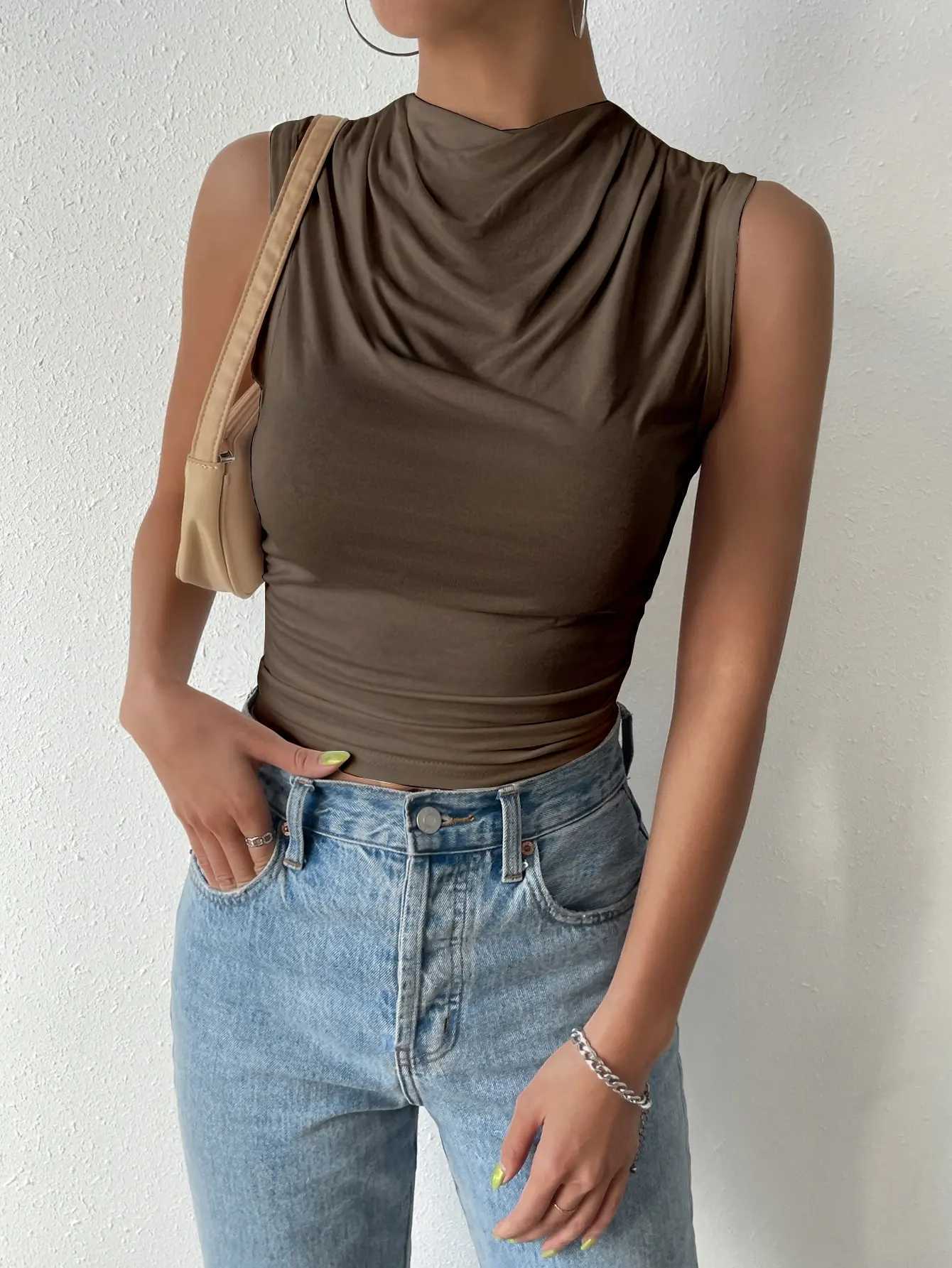 Womens Casual Pleated Design Top Summer Fashion Street Style Solid Color Slim Half High Neck Sveless T-Shirt TopXJ250212