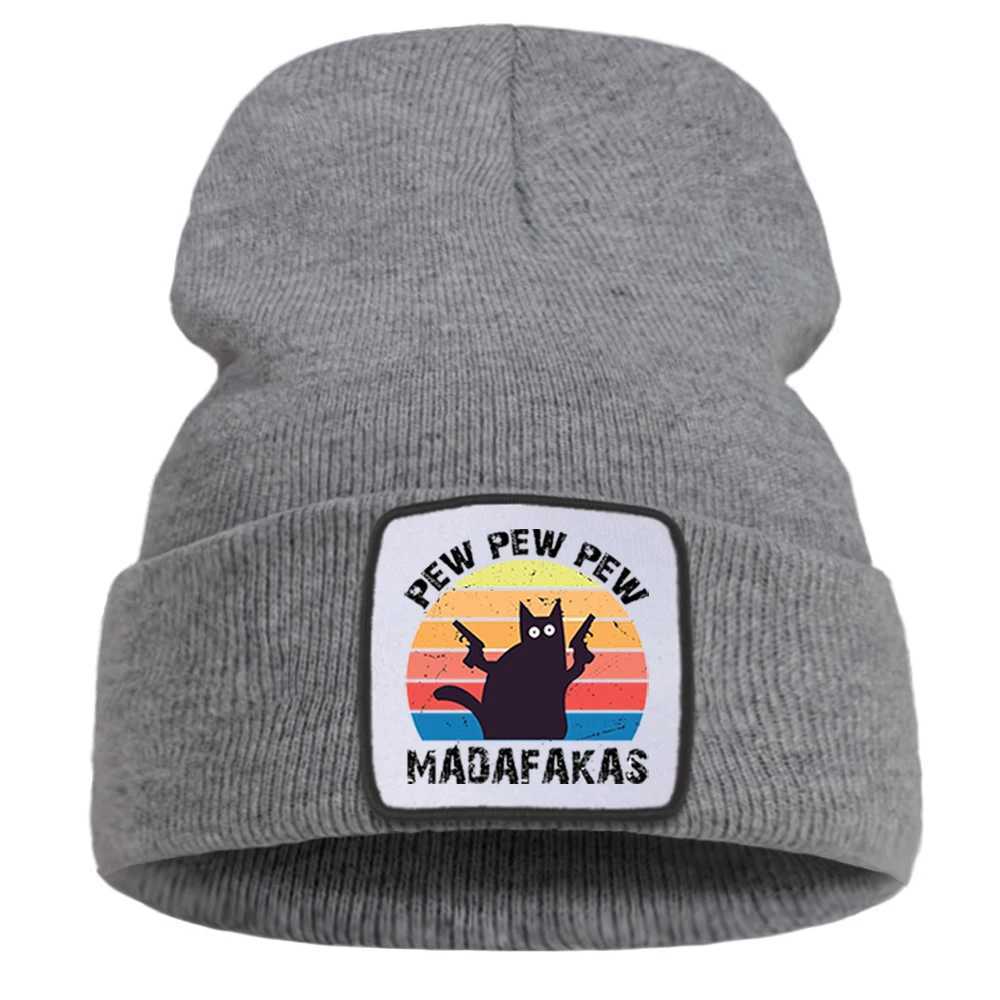 Pew Madafakas Cat Sklies Hat Solid Color Warm Bonnet Cap Casual Hip Hop Beanie Caps Outdoor Cartoon Print Knitted Hats X250212