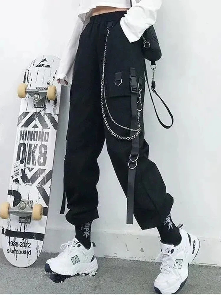 ZOKI Gothic Womens Cargo Pants Black Jogger High Waist Harajuku Harem Punk Techwear Chain Trouser Hip Hop 250211Z