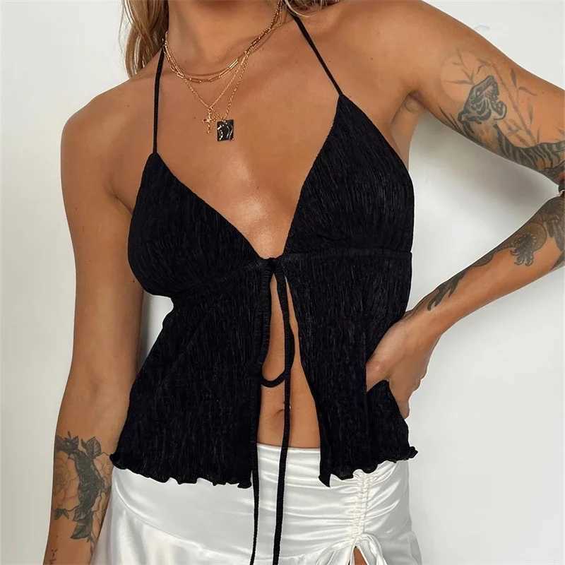 Women Y2k Front Tie Crop Tops Halter Neck Flowy Plisse Summer Going Out Top Sexy Split Sveless Cami Shirt StreetwearXJ250212