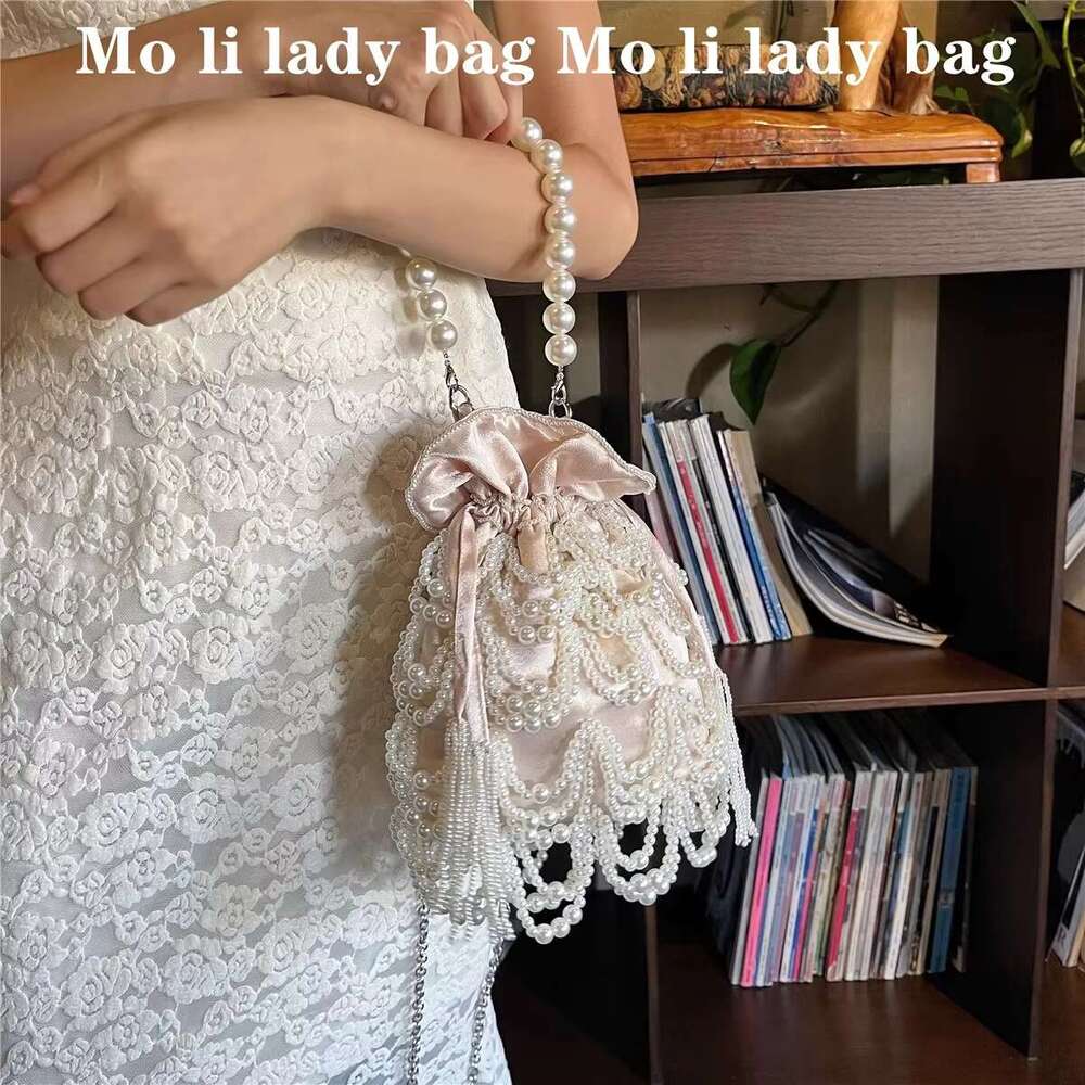 Pearl Beading Tassel Bucket Women's Handbag Beads Beaded Handmade Evening Wedding Party Clutch Purse Shoulder Bag