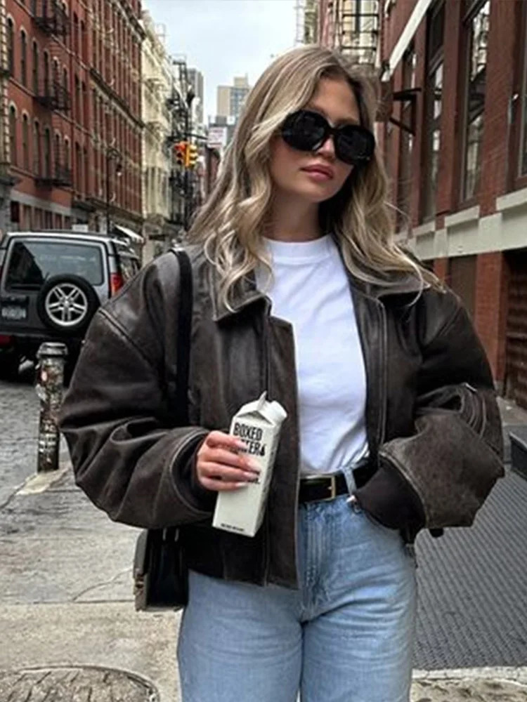 Women Zipper Leather Bomber Jackets Loose Turn-down Collar Vintage Pocket Short Outwear Long Sleeve Street Motorcycle Loose Tops 250211