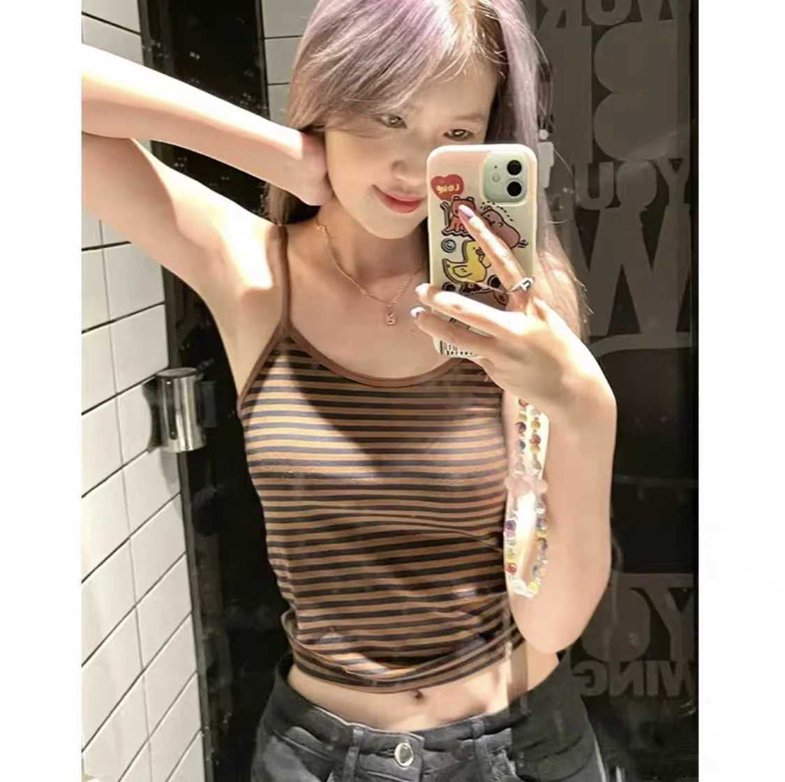 Womens Summer Sexy Retro Brown Striped Aesthetic Slim Sveless Tank Tops Camisole Corset Vintage Y2k Festival Outfit WomenXJ250212