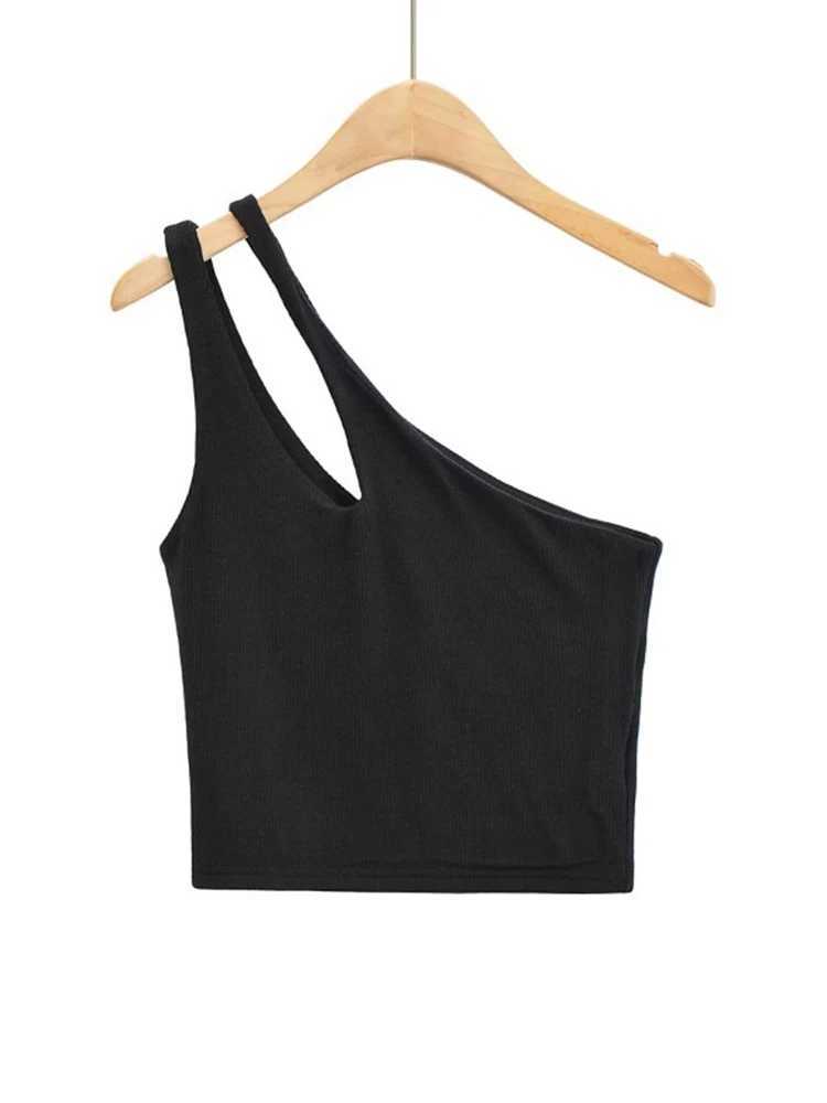 2024 Sexy Womens Crop Top Solid Stretch Fit Knit Sveless One Shoulder Hollow Out Basic Backless Tank TopXJ250212