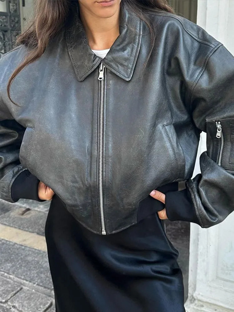 Women Zipper Leather Bomber Jackets Loose Turn-down Collar Vintage Pocket Short Outwear Long Sleeve Street Motorcycle Loose Tops 250211