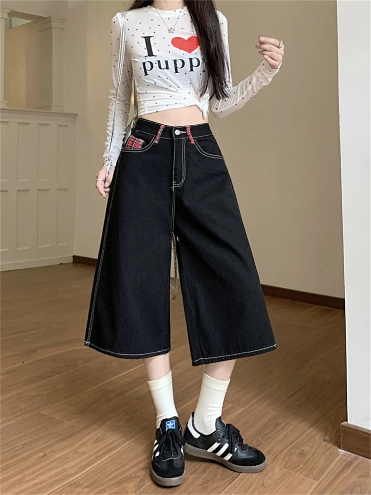 Summer Street Womens Black Regular Cropped Jeans Young Wide Leg Denim Shorts Female High Waist Loose Retro Capris Pants 250212