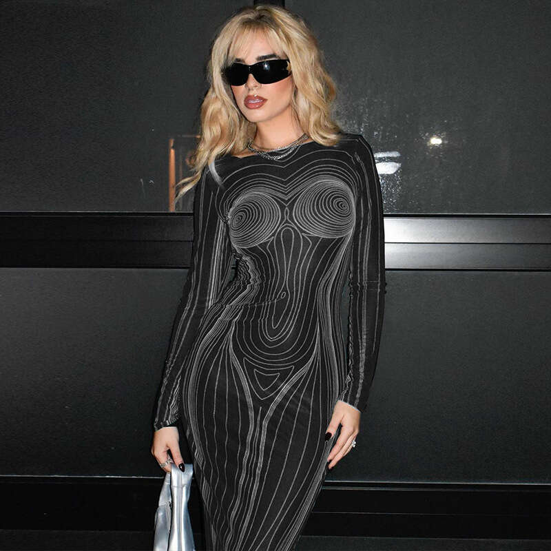 European and American style women's summer print backless slim fit round neck lo sleeved dress manufacturer wholesale 2025 new casual versatile f