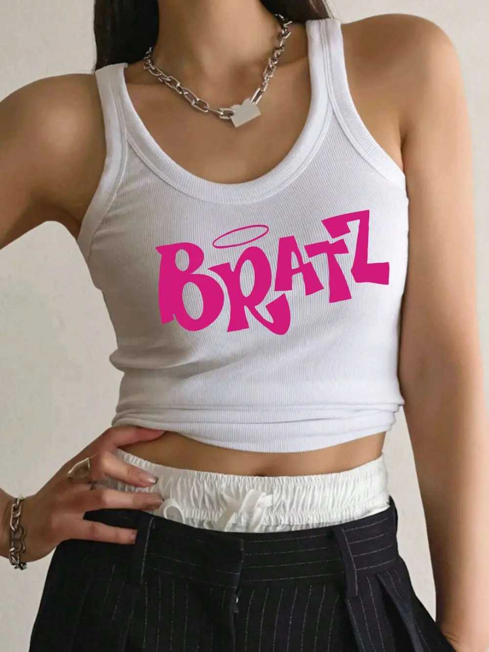Y2K Bratz Letter Prints Tank Top Summer Womens Sveless Tight Ribbed Fe Cotton Knit Vest Straps Casual Street ClothingXJ250212