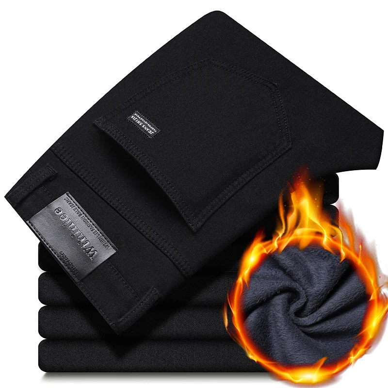 Winter Pure Black Fleece Thick Warm Jeans Mens loose Straight Elastic Denim Pants classics Casual Plush Trousers 250210
