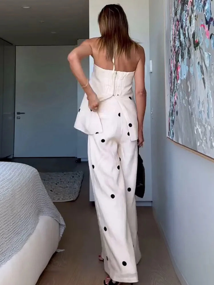 Chic Dot Printing Womens Wide Leg Long Pants Set Casual Wrapped Chest Zipper Split Tops Suit Lady Vacation Outfits Spring 250207