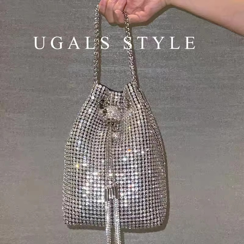 Women's Handbag Glitter String Bucket Crystal Shiny Rhies Dia Evening Wedding Party Clutch Purse Crossbody Bag