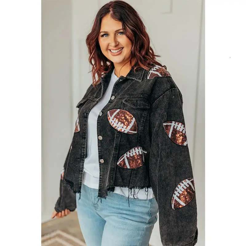 Black Football Sequin Corduroy Jacket Stadium Style Football Season Retro Turn-down Collar Autumn Jacket for Women 250116