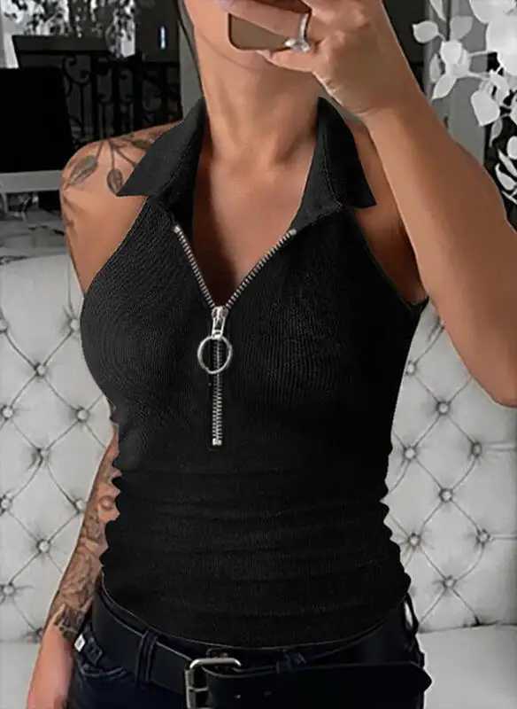 Europe and the United States new spring and summer solid color pit strip lapel zipper vest women fashion casual T-shirt womensXJ250212