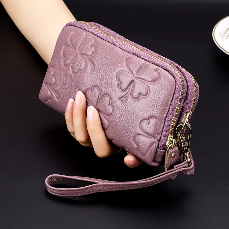 Real Leather Women Long Wallet Ladies Double Zipper Coin Purse Four-Leaf Clover Card Holder Female Cute Money Bag Clutch swissmilitary