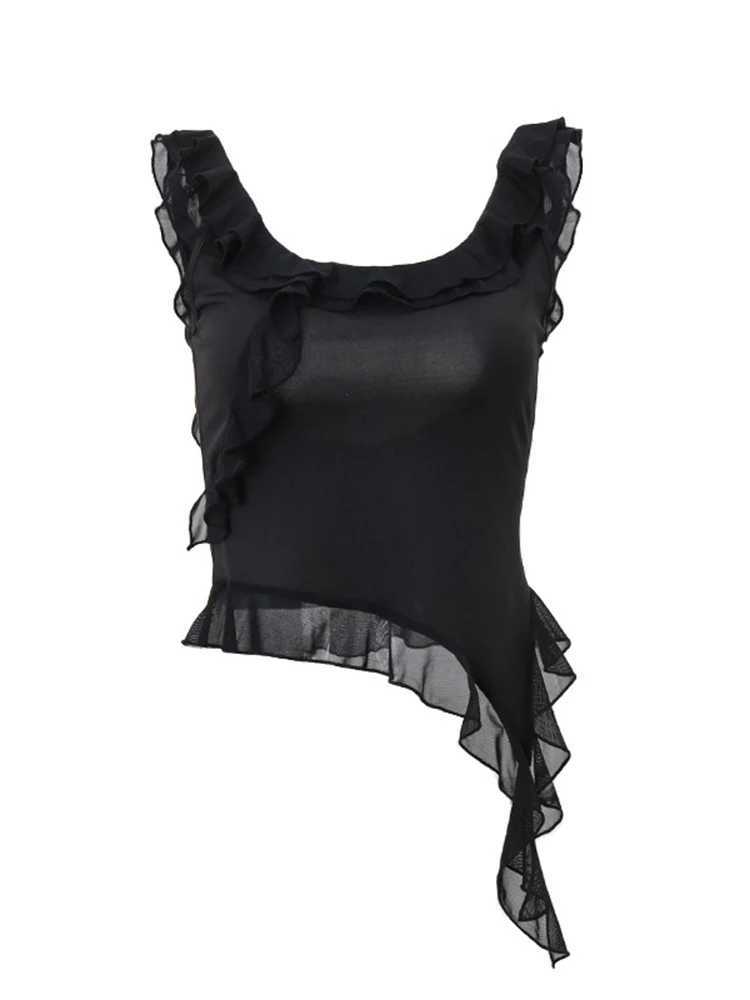 Fashion O-neck Sveless Tank Top Sexy Ruffles Backless Irregular Crop Tops Summer Casual Streetwear Women CamisXJ250212